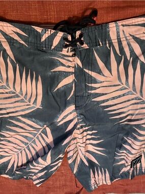 American Eagle Outfitters Blue and Pink Palm-Print Hybrid Swim Shorts